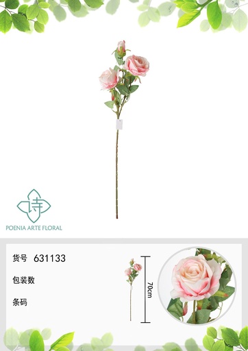 [631133ROSA] Ramo de flores artificiales - Rosa en 3 cabezas 70 cm en rosa claro