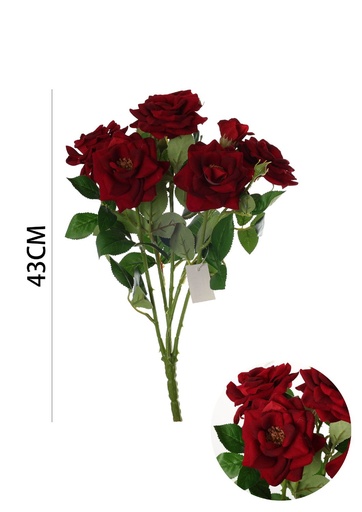 [630885-大红] Ramo de flores artificiales - Rosa pequeña con hojas en 43 cm