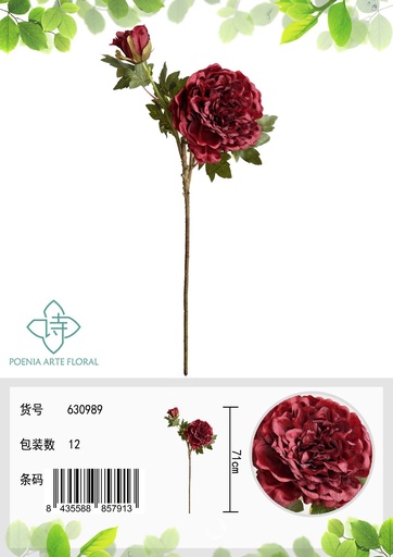 [630989红] Ramo de flores artificiales - Peonía retro de 2 cabezas en 70 cm