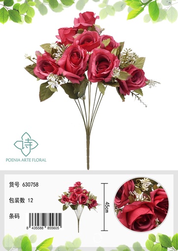[630758红色] Ramo de flores artificiales - Manojo de 9 cabezas de rosas