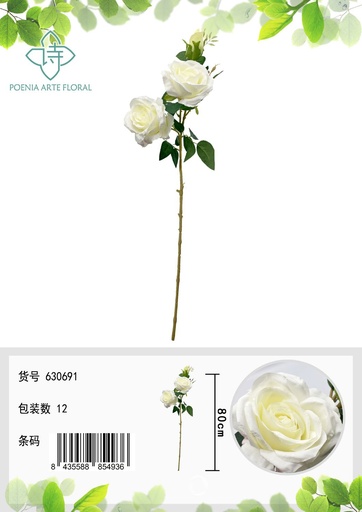 [630691-白色] Ramo de rosa emperatriz de 3 cabezas de 80 cm - Decoración floral