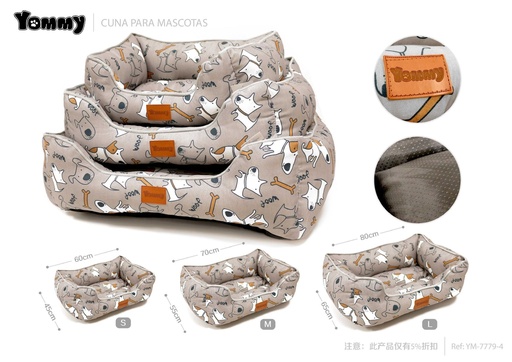 [YM7779-4] Cuna de perro de lino estampado 3 piezas en gris - Accesorios cómodos para mascotas