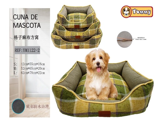 [YM1122-2] Cuna de perro de lino a cuadros 3 piezas de color verde - Camas para mascotas