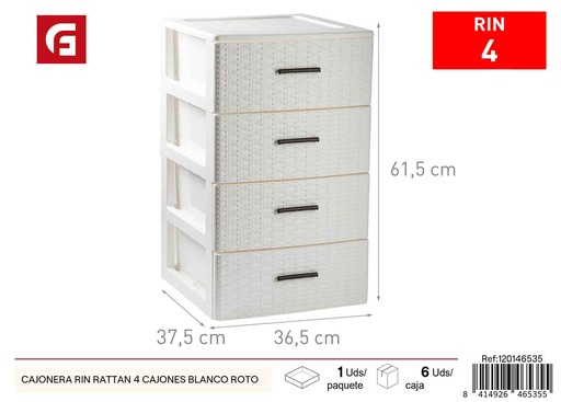 [120146535] Cajonera de rattán blanco roto de 4 cajones - Mueble decorativo de almacenamiento