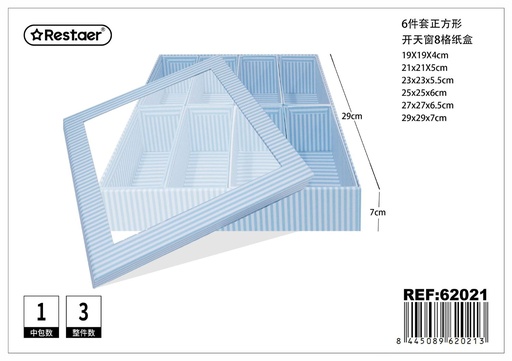 [62021] Cajas cuadradas con ventanillas 6 pcs (8 departamentos) 29x29x7cm - Artículos de regalo
