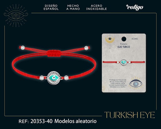 [20353-40] Pulsera de hilo encerado rojo con Ojo Turco Plateado - Amuletos de suerte y protección
