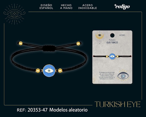 [20353-47] Pulsera de hilo encerado negro con Ojo Turco Dorado - Amuletos de suerte y protección