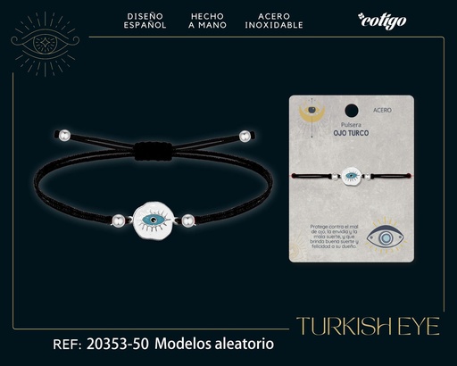 [20353-50] Pulsera de hilo encerado negro con Ojo Turco Plateado - Amuletos de suerte y protección