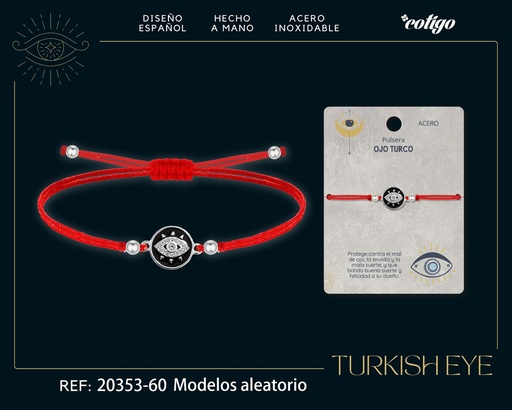 [20353-60] Pulsera de hilo encerado rojo con Ojo Turco Plateado - Amuletos de suerte y protección