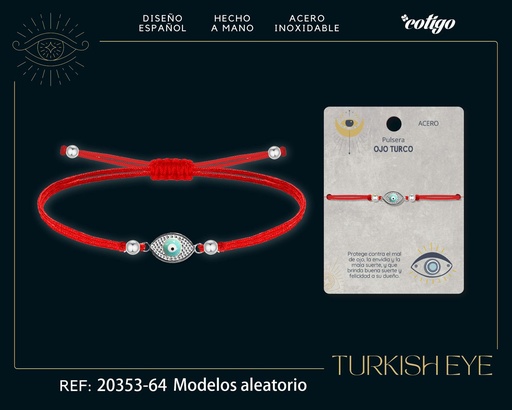 [20353-64] Pulsera de hilo encerado rojo con Ojo Turco Plateado - Amuletos de suerte y protección