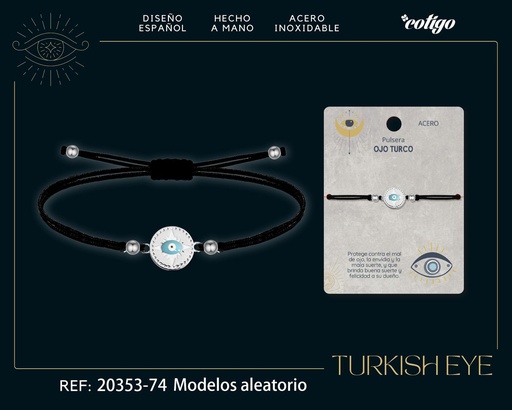 [20353-74] Pulsera de hilo encerado negro con Ojo Turco Plateado - Amuletos de suerte y protección