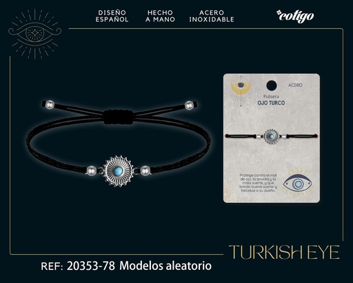 [20353-78] Pulsera de hilo encerado negro con Ojo Turco Plateado - Amuletos de suerte y protección