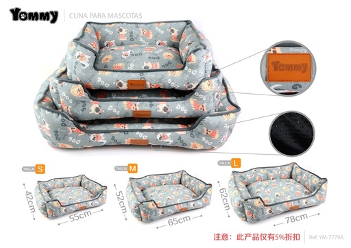 [YM7779A] Cuna de perro (juego de 3 piezas) gris con estampado - Accesorios para mascotas