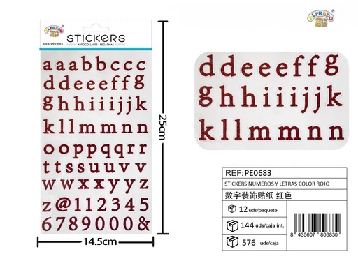 [PE0683] Stickers números y letras color rojo 14,5 x 25 cm - Adhesivos decorativos y manualidades