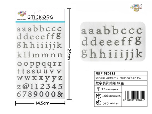 [PE0685] Stickers números y letras color plata 14,5 x 25 cm - Adhesivos decorativos y manualidades