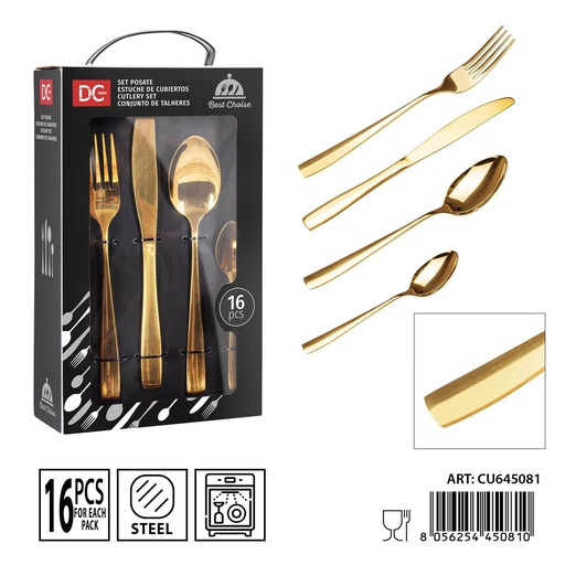 [0238266] Juego de cubiertos de acero dorado brillante 16 piezas - Utensilios de mesa