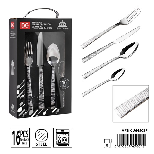 [0238272] Juego de cubiertos de acero efecto rayas 16 piezas - Utensilios de mesa