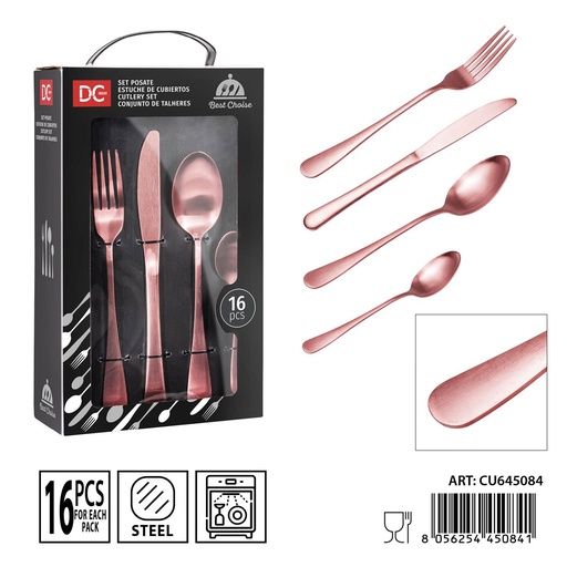 [0238269] Juego de cubiertos de acero oro rosa mate 16 piezas - Utensilios de mesa