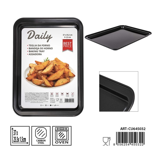 [0237814] Bandeja rectangular de acero al carbono 37X25.5X1.5CM 0.4MM negro (recubrimiento Goldflon) - Utensilios de horneado