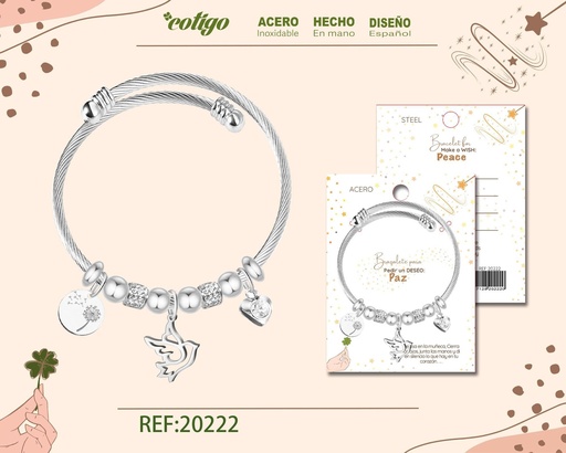 [20222] Brazalete con paloma en acero para deseos: paz - Accesorios de regalo