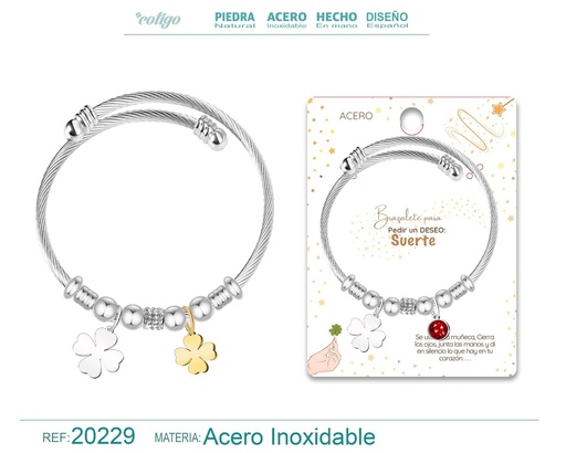 [20229] Brazalete con trébol de acero para deseo: Suerte - Joyería y accesorios