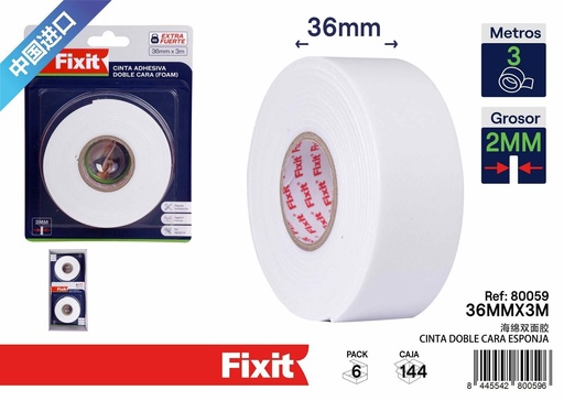 [80059] Cinta adhesiva doble cara de esponja 2mm x 36mm x 3m - Cintas de embalaje y adhesivos