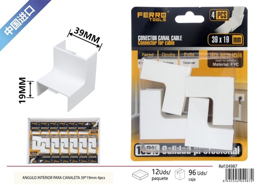 [04987] Ángulo interior para canaleta PVC 39*19mm 4 piezas - Accesorios de instalación eléctrica