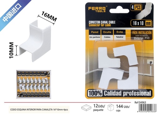 [04963] Ángulo interior para canaleta PVC 16*10mm 4 piezas - Accesorios de instalación eléctrco