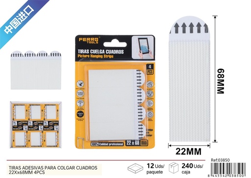 [03850] Tiras adhesivas para colgar cuadros 22x68mm 4pcs - Ferretería y colgadores