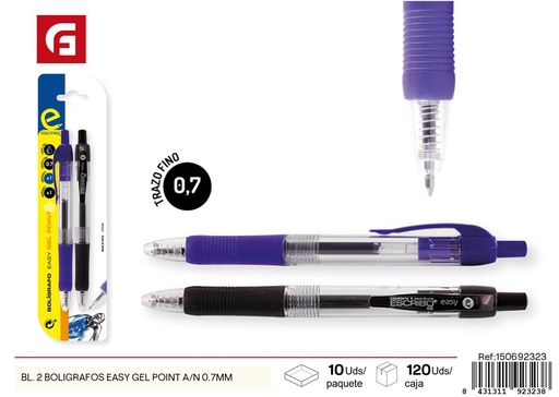 [150692323] 2 bolígrafos de colores 0.7mm Easy Gel Point A/N- Material escolar y escritura