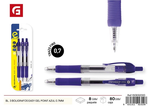 [150692310] Bolígrafo Easy Gel Point azul 0.7mm paquete de 3 unidades - Material escolar y escritura