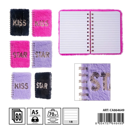 [0238391] Libreta espiral de peluche A6 70 hojas 10.5X14.8 - Papelería y artículos escolares