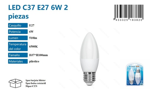 [171018382] Bombilla LED C37 E27 6W (2 piezas) 6500K - Iluminación y bombillas LED