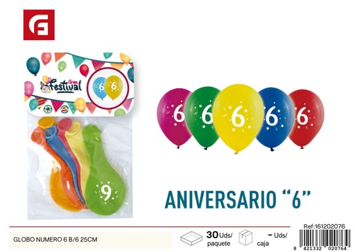 [161202076] GLOBO número 6 B/6 25 cm - Artículos de fiesta y globos