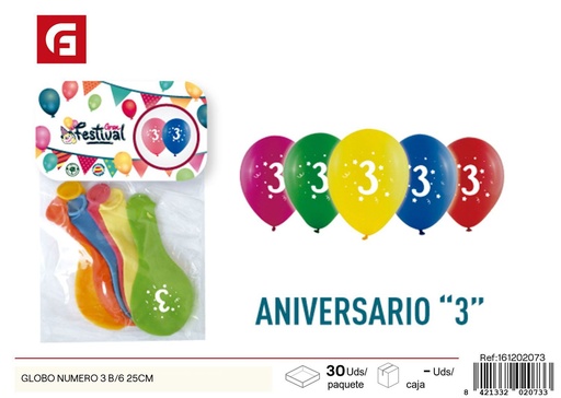 [161202073] GLOBO número 3 B/6 25 cm - Artículos de fiesta y globos