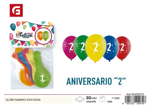 [161202072] GLOBO número 2 B/6 25 cm - Artículos de fiesta y globos