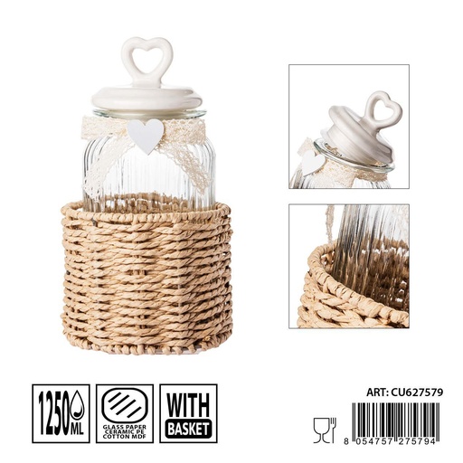 [0235971] Tarros de cristal con cesta 1250ml dimensiones 13.5X25cm - Artículos de hogar y tarros de almacenamiento