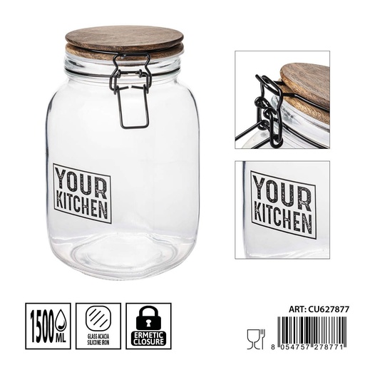 [0236182] Tarro de cristal hermético 1.5L - Almacenamiento y conservación de alimentos (11.3x19.8 cm)