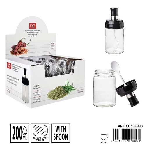 [0236185] Bote de cristal con cuchara 200 ml - Dispensador y almacenamiento de líquidos (6.5x15.5 cm)