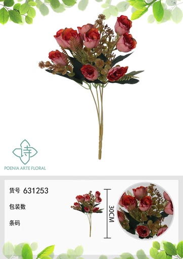 [631253ROJO] Ramo de flores artificiales de rosa de otoño nueva de 30 cm - Decoración floral
