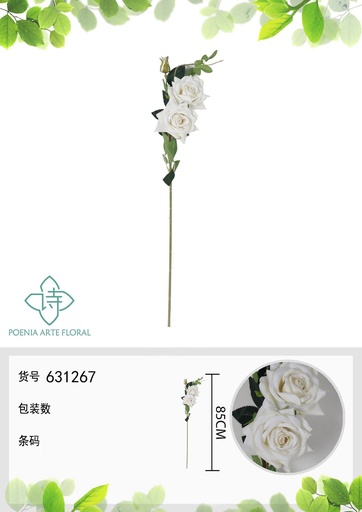 [631267BLANCO] Ramo de flores artificiales de rosa china de 85 cm con 3 flores - Decoración floral