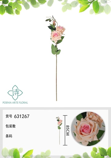 [631267ROSA] Ramo de flores artificiales de rosa china de 85 cm con 3 flores - Decoración floral