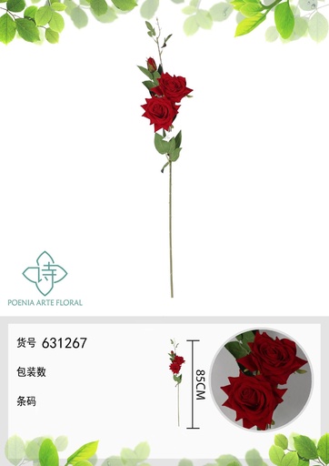 [631267ROJO] Rama de flores artificiales - Manojo de rosas clásicas de 85 cm