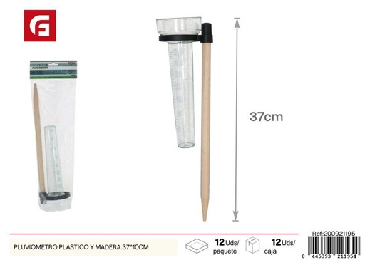 [200921195] Pluviómetro plástico y madera 37*10 cm - Medidor de lluvia para jardines