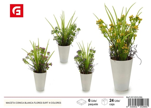 [201855286] Maceta cónica blanca con flores surtidas 4 colores - Decoración y jardinería