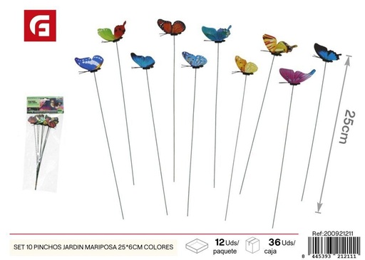 [200921211] Set de 10 pinchos jardín mariposa 25x6 cm colores - Adornos para jardín