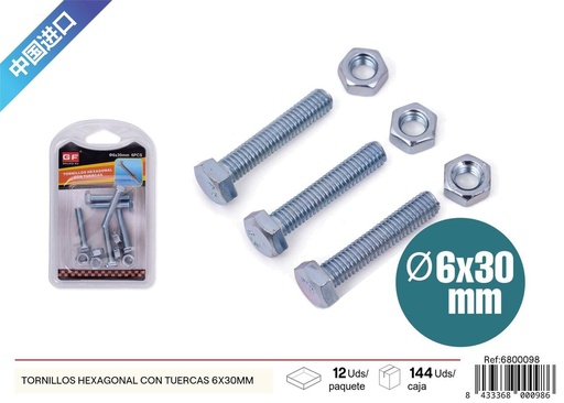 [6800098] Tornillos hexagonal con tuercas 6*30 mm - Accesorios de ferretería