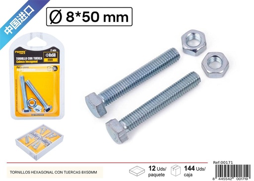 [00171] Tornillos hexagonales con tuercas 8x50 mm - Herramientas y ferretería