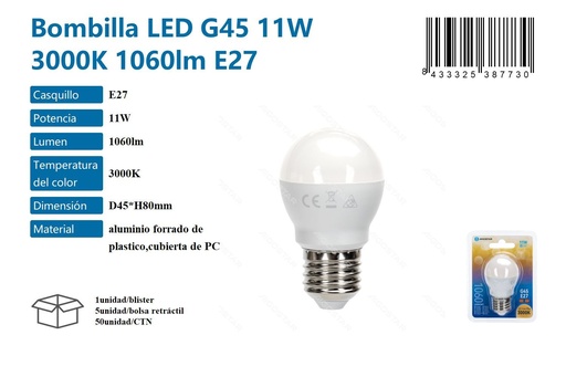 [171038773] Bombilla LED G45 11W 3000K 1060LM E27 - Iluminación LED