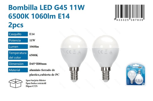 [171038783] Bombilla LED G45 11W 6500K 1060LM E14 2PCS - Iluminación y bombillas LED